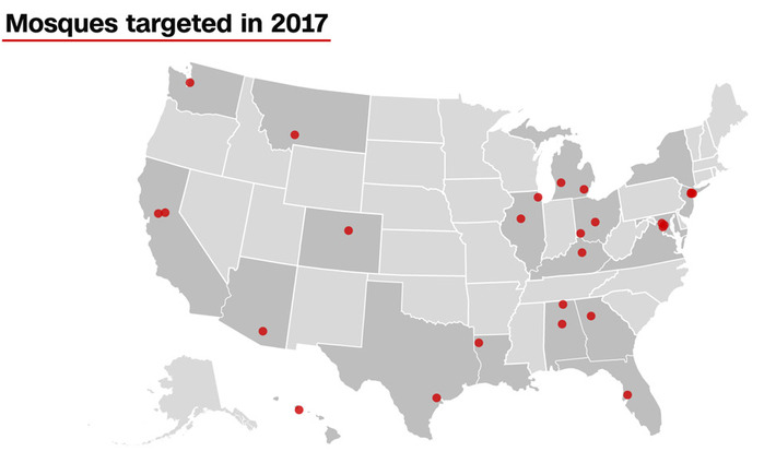 استهداف مساجد في مناطق مختلفة من الولايات المتحدة